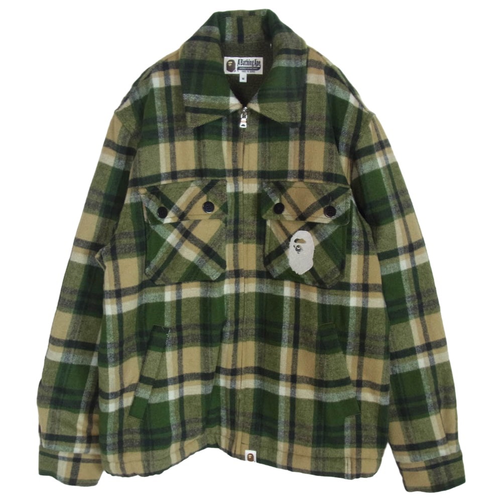 A BATHING APE アベイシングエイプ ジャケット 001ljh801001m CHECK CPO ZIP JACKET ウール チェック ジップ ジャケット グリーン系 M【中古】
