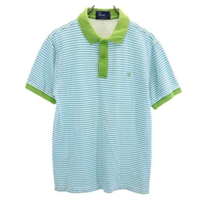 FRED PERRY フレッドペリー ボーダー柄 半袖 ポロシャツ S 水色×白×緑 鹿の子