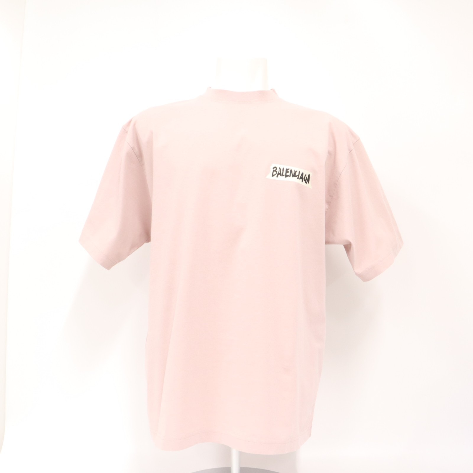 未使用 BALENCIAGA バレンシアガ マスキングテープ柄 ミディアムフィット Tシャツ ダスティピンク XS A00497 半袖シャツ ピンク ホワイト ブラック コットン メンズ
