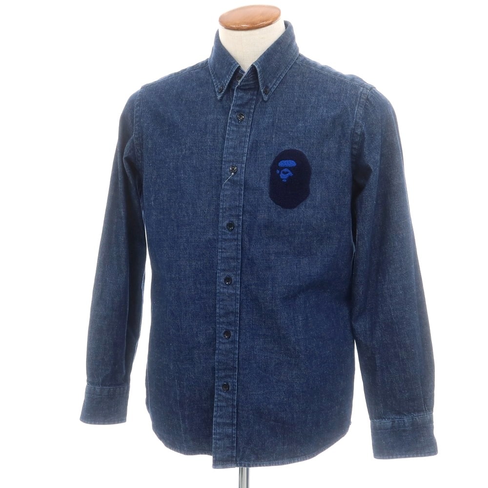 【中古】アベイシングエイプ A BATHING APE コットン デニム ボタンダウン カジュアルシャツ ネイビー【サイズM】【メンズ】