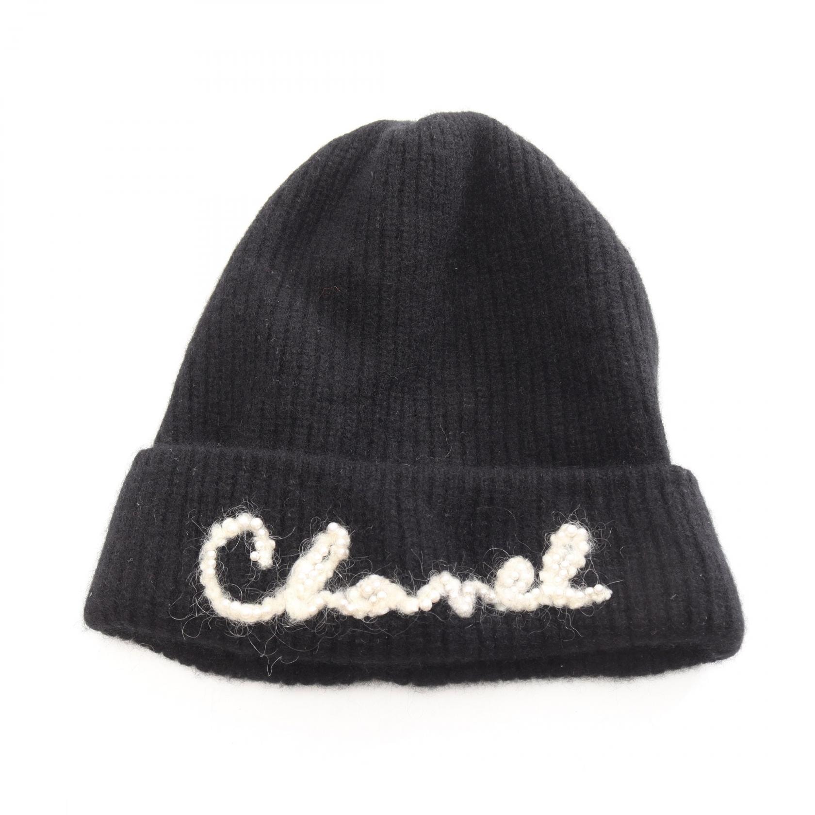 シャネル CHANEL パールロゴ ニット帽 ニットキャップ 帽子 カシミヤ レディース ブラック系 【中古】