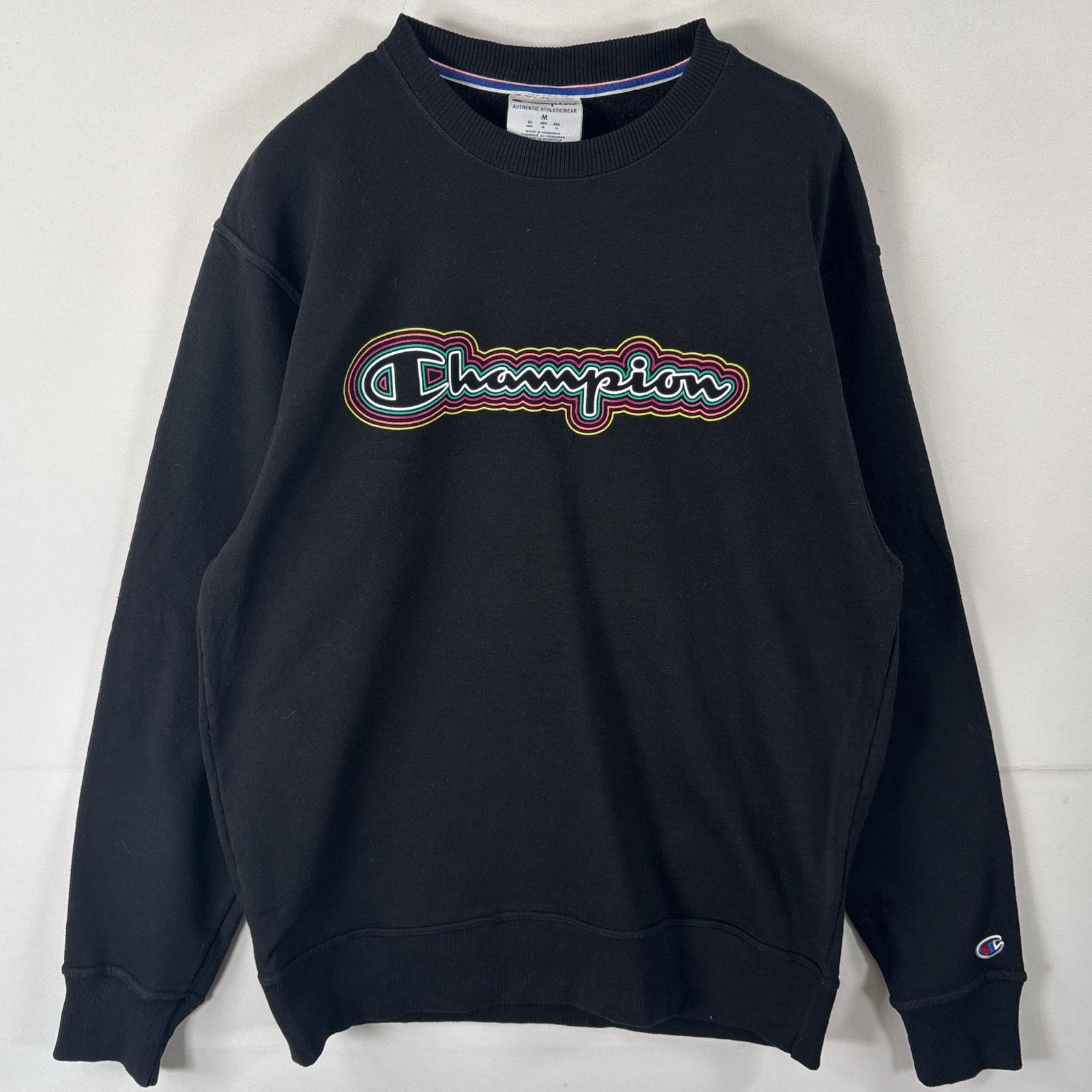 古着 チャンピオン Champion スウェット トレーナー クルーネック ワッペン ビッグロゴプリント M  ブラック メンズ