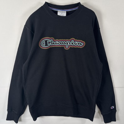 古着 チャンピオン Champion スウェット トレーナー クルーネック ワッペン ビッグロゴプリント M ブラック メンズ