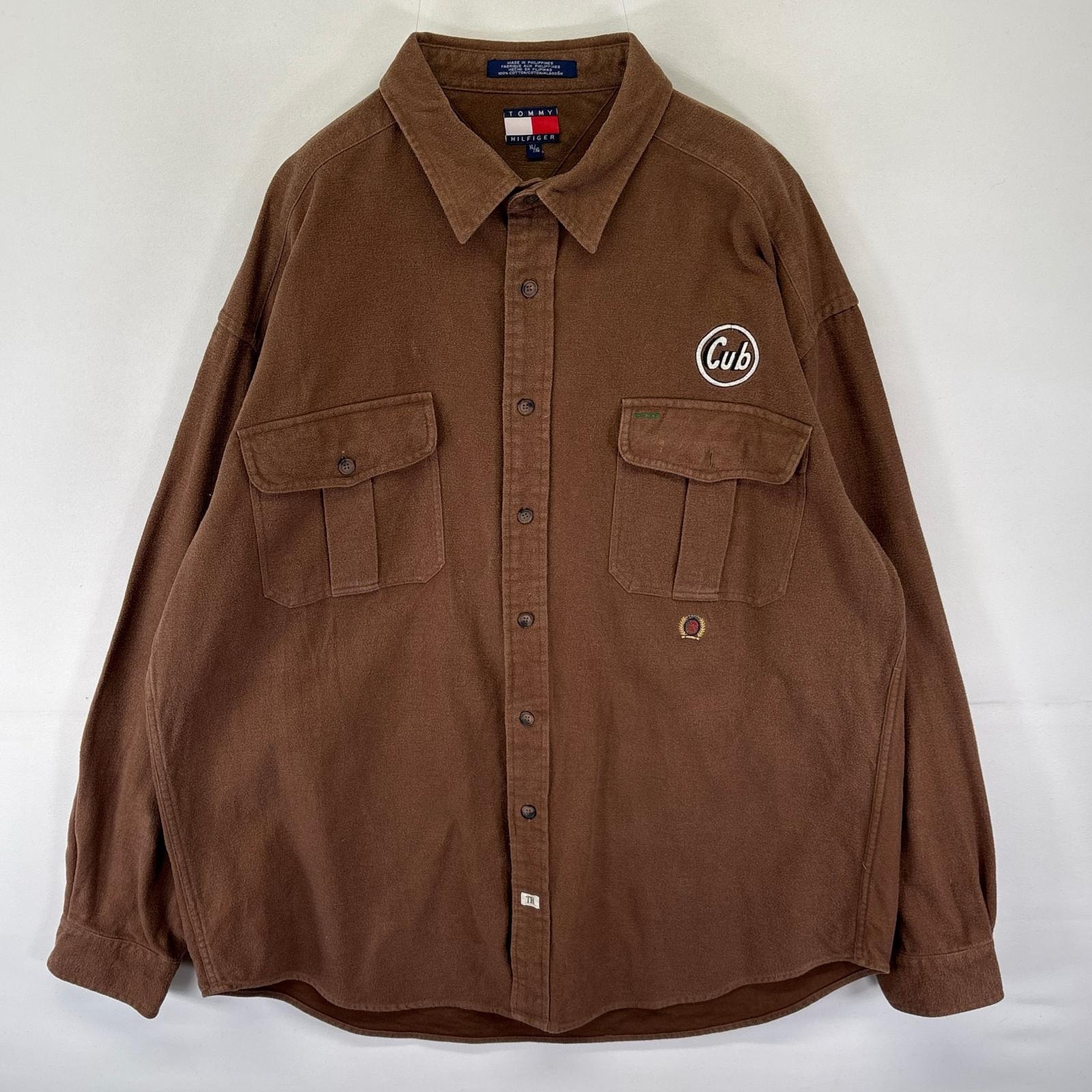 古着 90's/90年代 トミーヒルフィガー TOMMY HILFIGER 長袖シャツ シャモア ヘビーネル ワンポイント XL  ブラウン系 メンズ