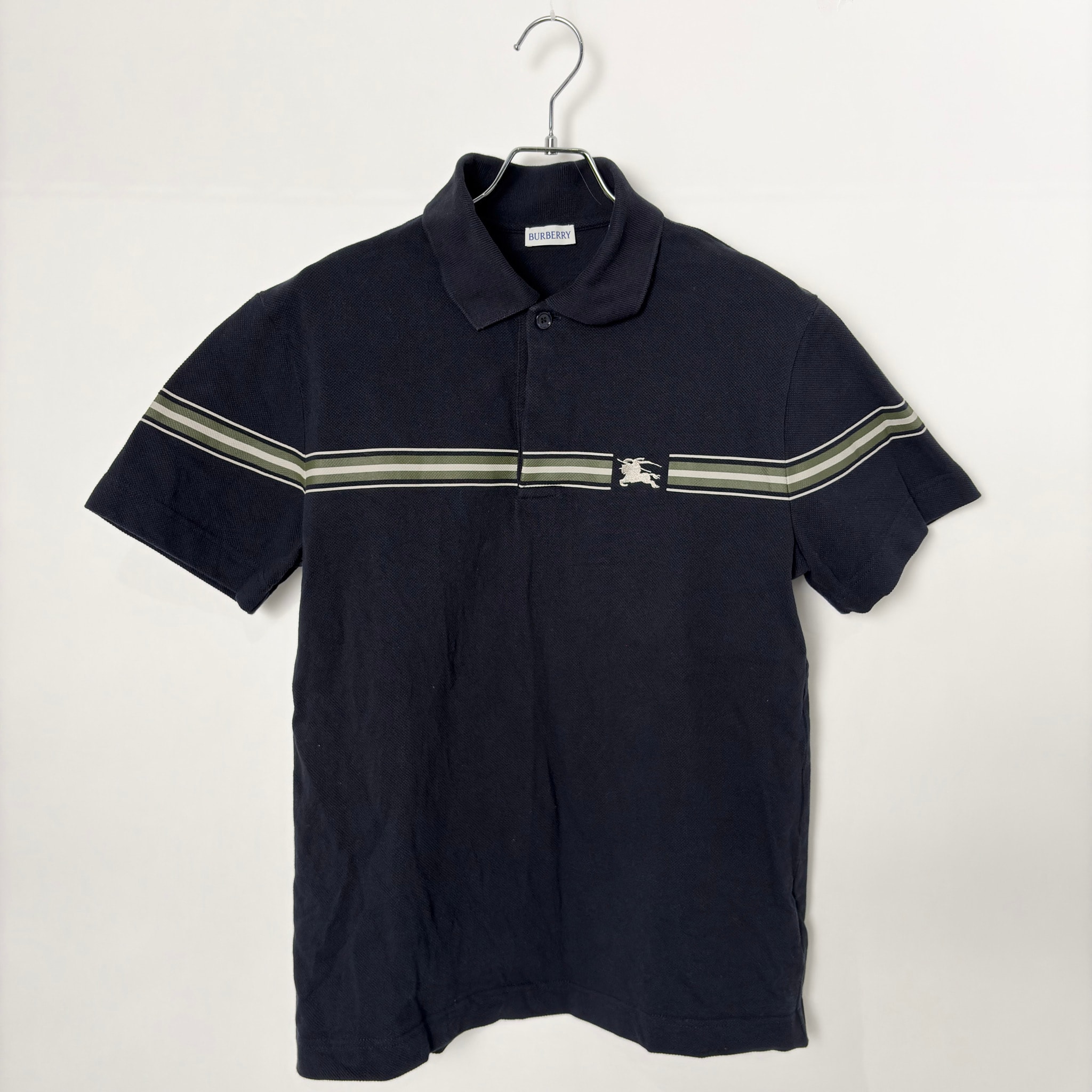 Burberry Equestrian Knight Motif Striped Polo Shirt Navy