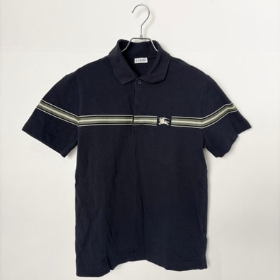 Burberry Equestrian Knight Motif Striped Polo Shirt Navy
