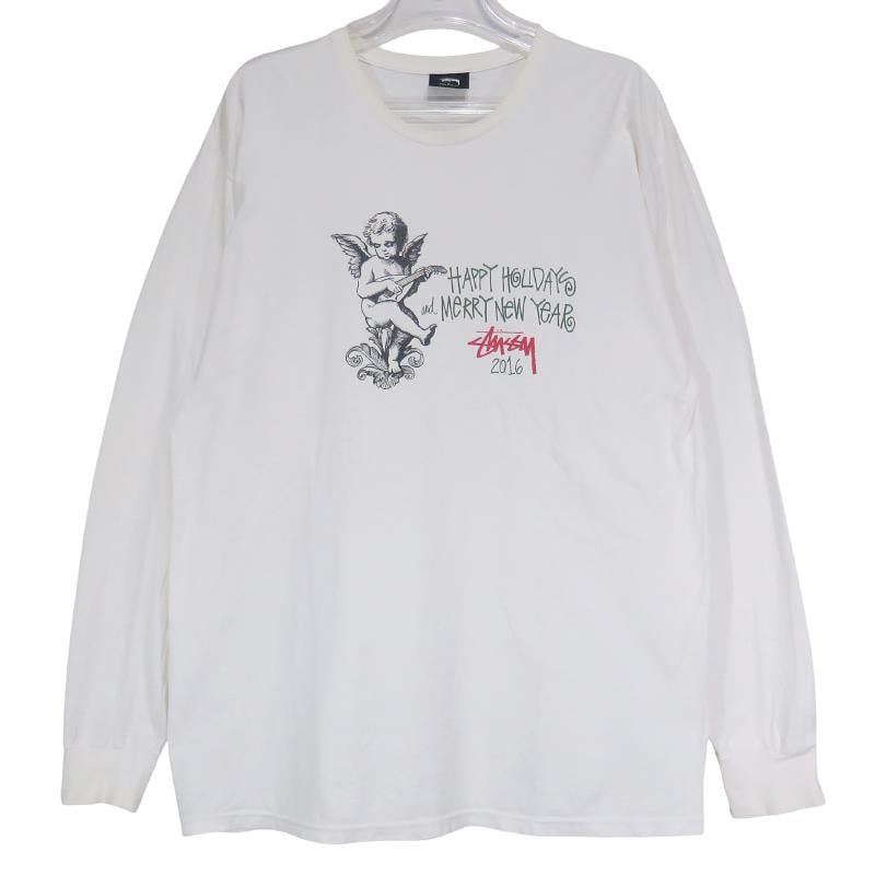 STUSSY ステューシー HAPPY HOLIDAYS 2016 L/S TEE ハッピーホリデー ロングスリーブ Tシャツ コットン ロンT 長袖 ホワイト サイズL