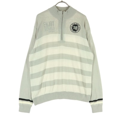 FILA フィラ 太ボーダー柄 ゴルフ 長袖 スタンドネック ハーフジップ セーター M ライトグレー