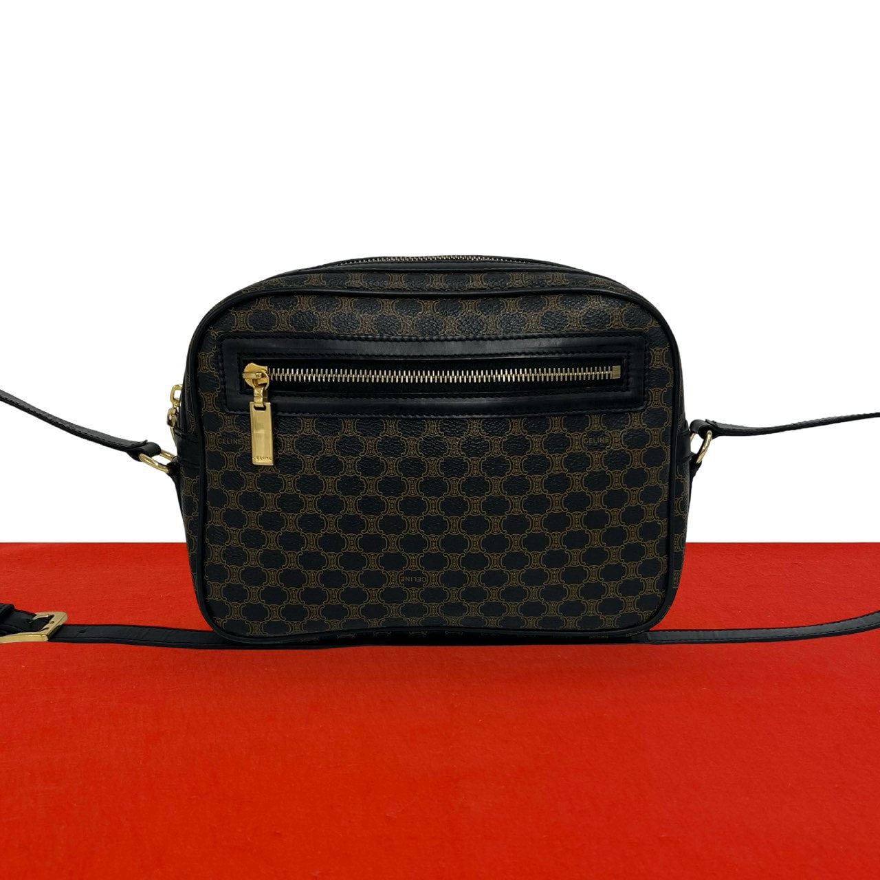 CELINE セリーヌ マカダム ブラゾン 柄 レザー PVC ショルダーバッグ ブラック
 37268