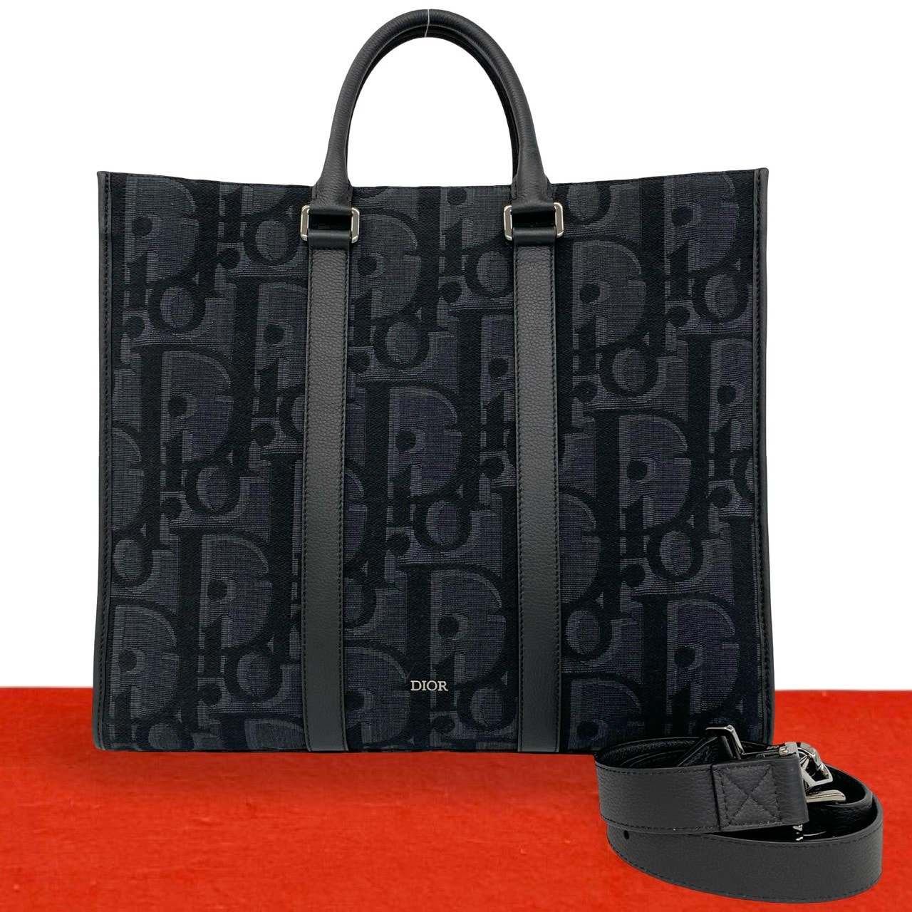 Christian Dior ディオール イーストウエスト オーブリーク 柄 レザー キャンバス トートバッグ ブラック
 61695