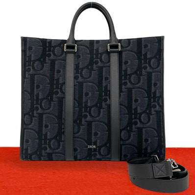 Christian Dior ディオール イーストウエスト オーブリーク 柄 レザー キャンバス トートバッグ ブラック
61695