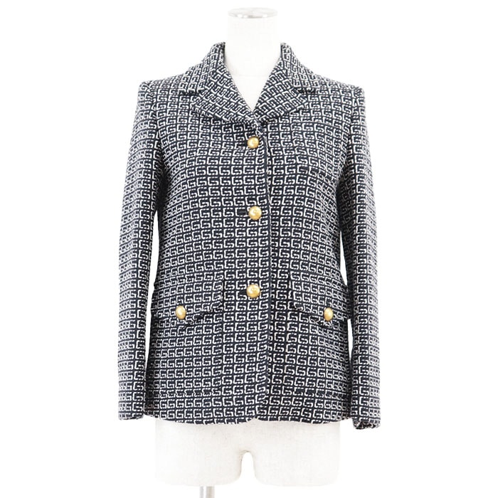 【新品同様】 グッチ 2020AW GG ジャカード 3B ウールブレンド メタルボタン ジャケット レディース ネイビー ホワイト 36 GUCCI