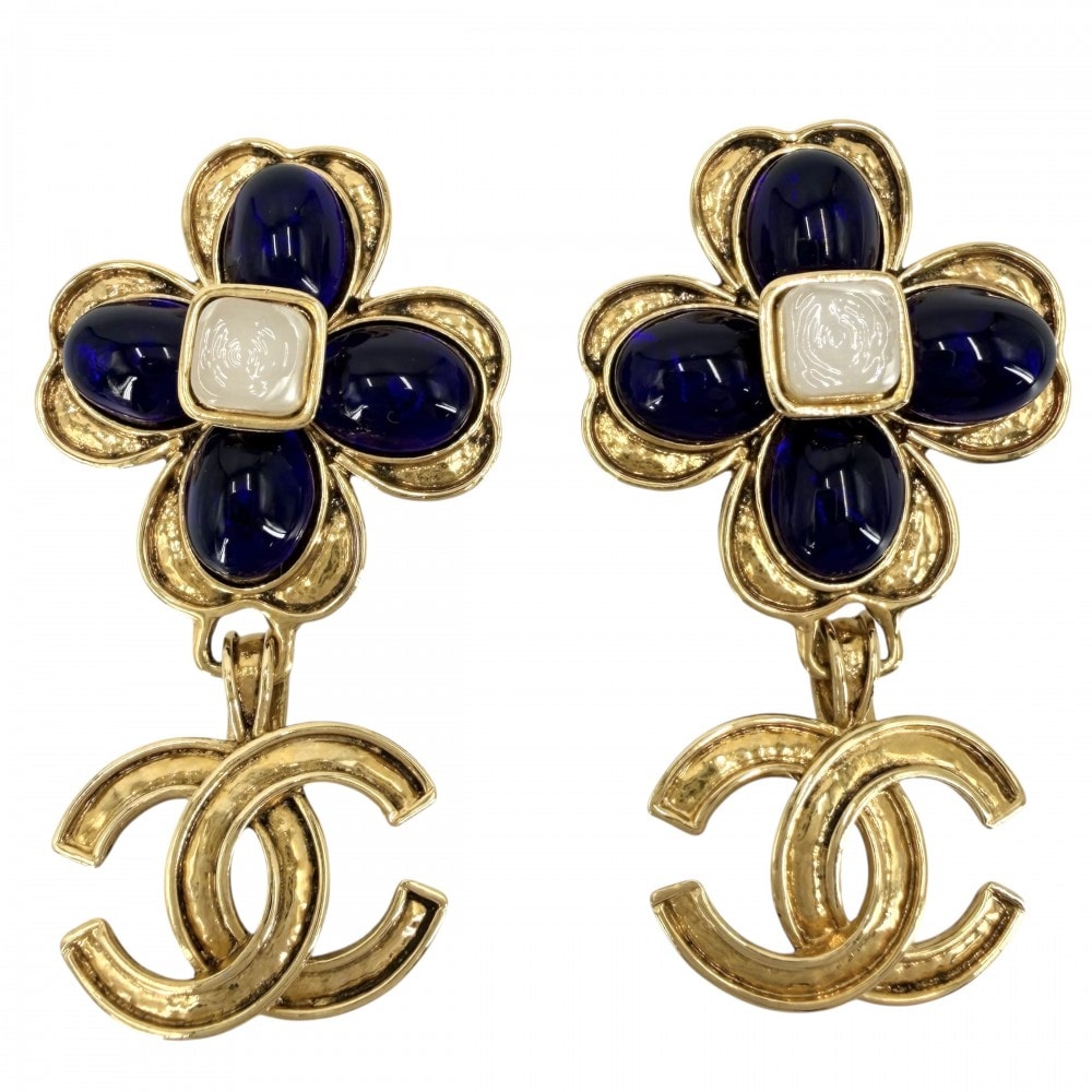 CHANEL シャネル イヤリング ココマーク スイング グリポア アクセサリー ヴィンテージ GP  カラーストーン  フェイクパール  94P ゴールド ブルー 青 レディース 約40.5g 1994年【中古品】
