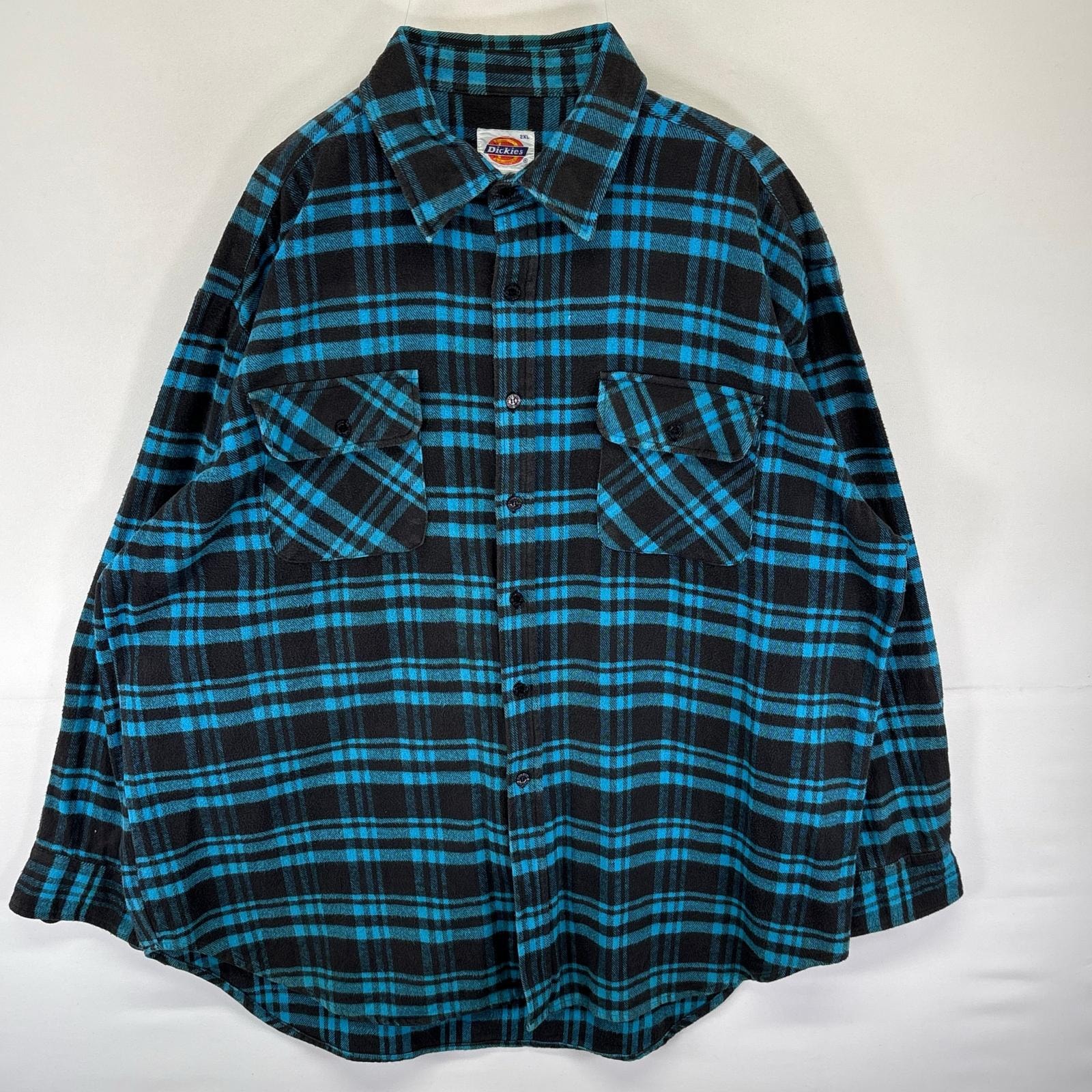 古着 ディッキーズ Dickies 長袖シャツ ヘビーネルシャツ 胸ポケット 大きいサイズ 2XL  ブルー系 チェック メンズ