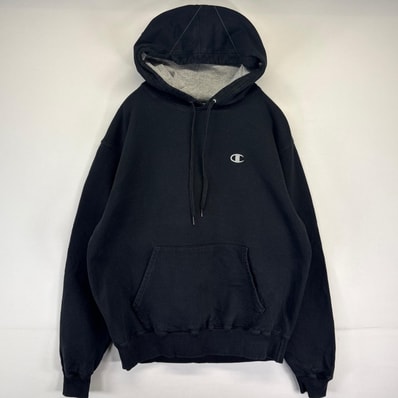 古着 チャンピオン Champion パーカー プルオーバー スウェット ワンポイントロゴ刺繍 フーディ M ブラック メンズ