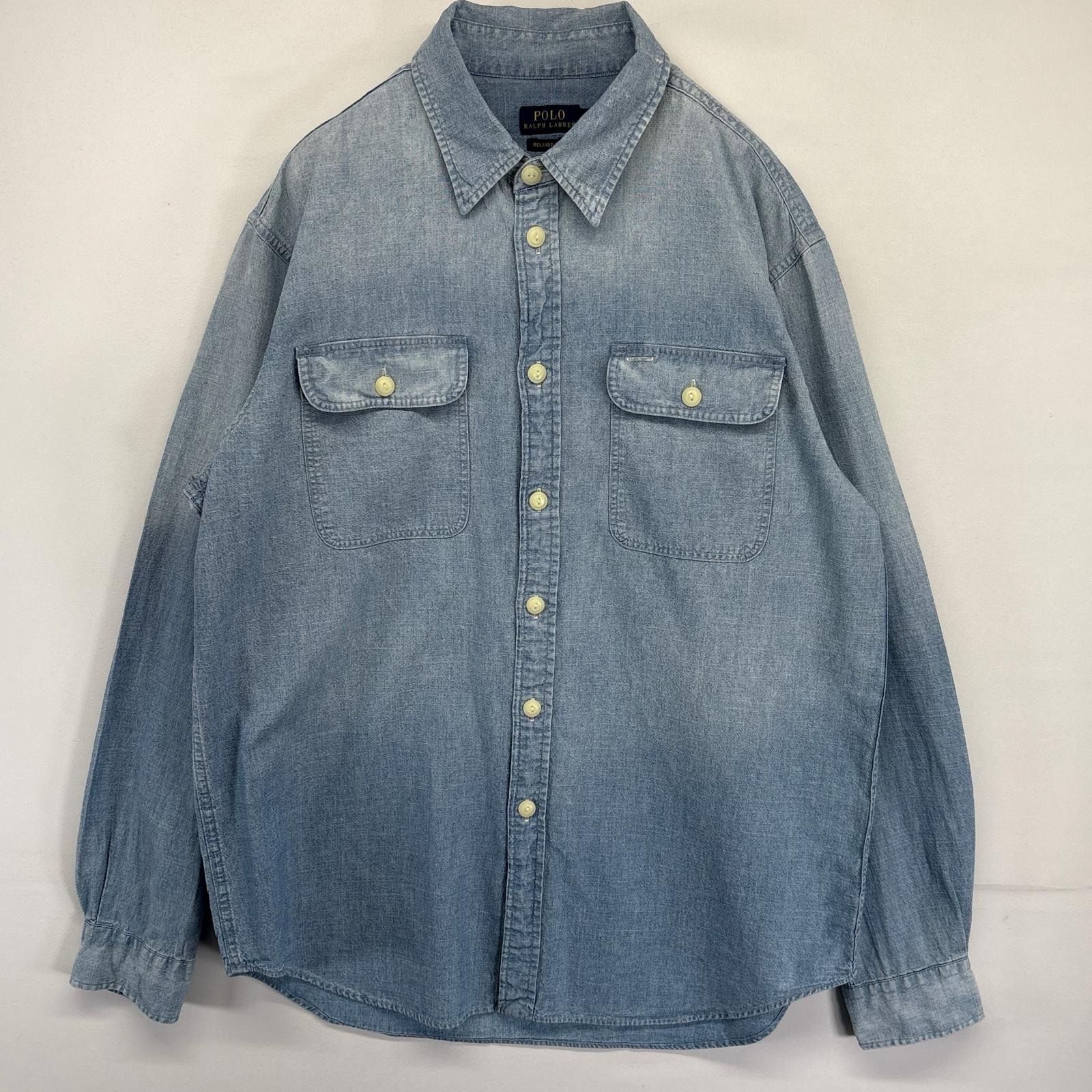 古着 ポロ・ラルフローレン POLO RALPH LAUREN 長袖シャツ デニムシャツ バックプリント 胸ポケット L  ブルー系 メンズ