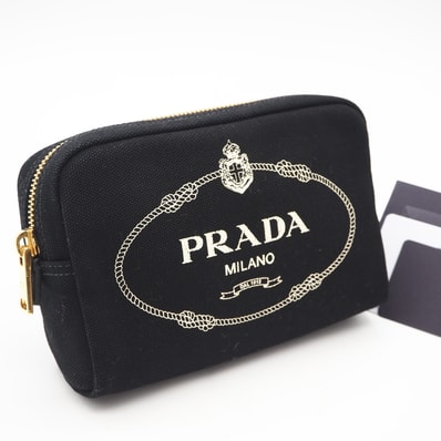 極美品 PRADA プラダ キャンバス カナパロゴ ポーチ NERO 1NA021 ポーチ ブラック・ホワイト キャンバス レディース