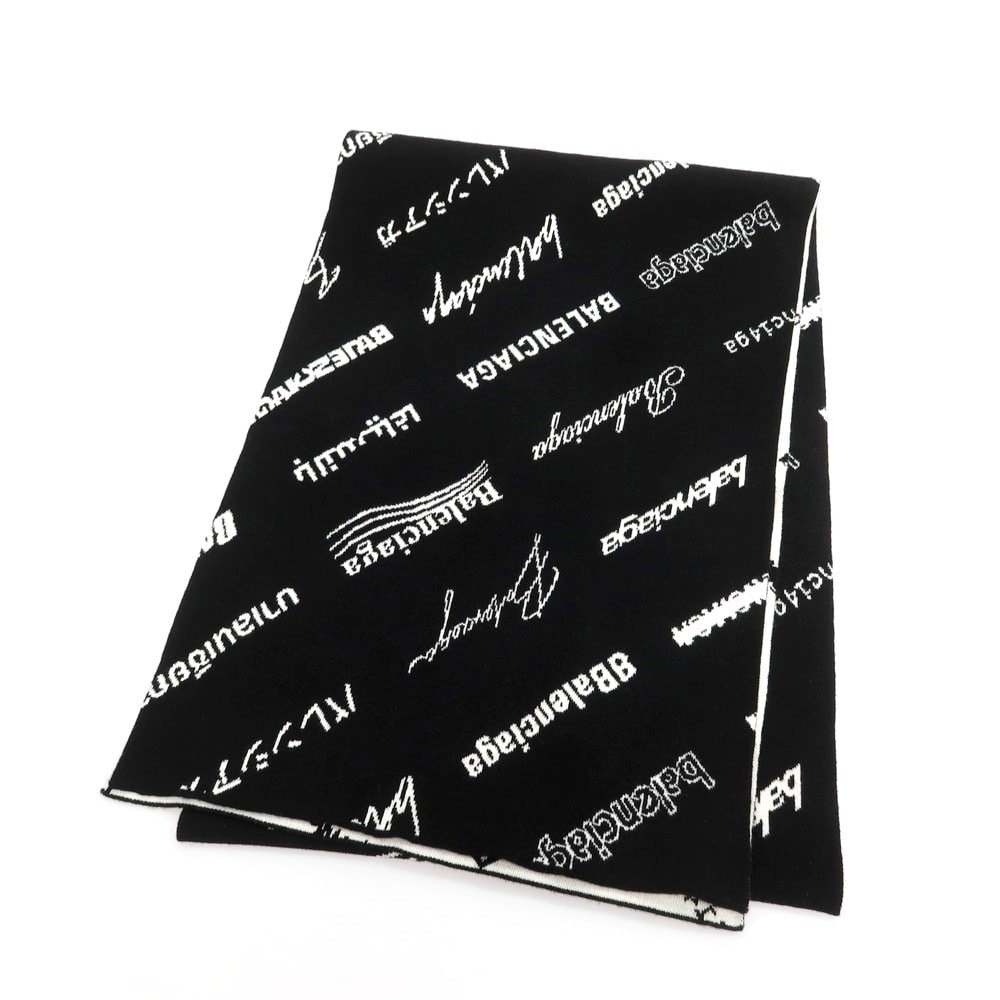【中古】【未使用】バレンシアガ BALENCIAGA ウールポリエステル ロゴ マフラー ブラック【メンズ】