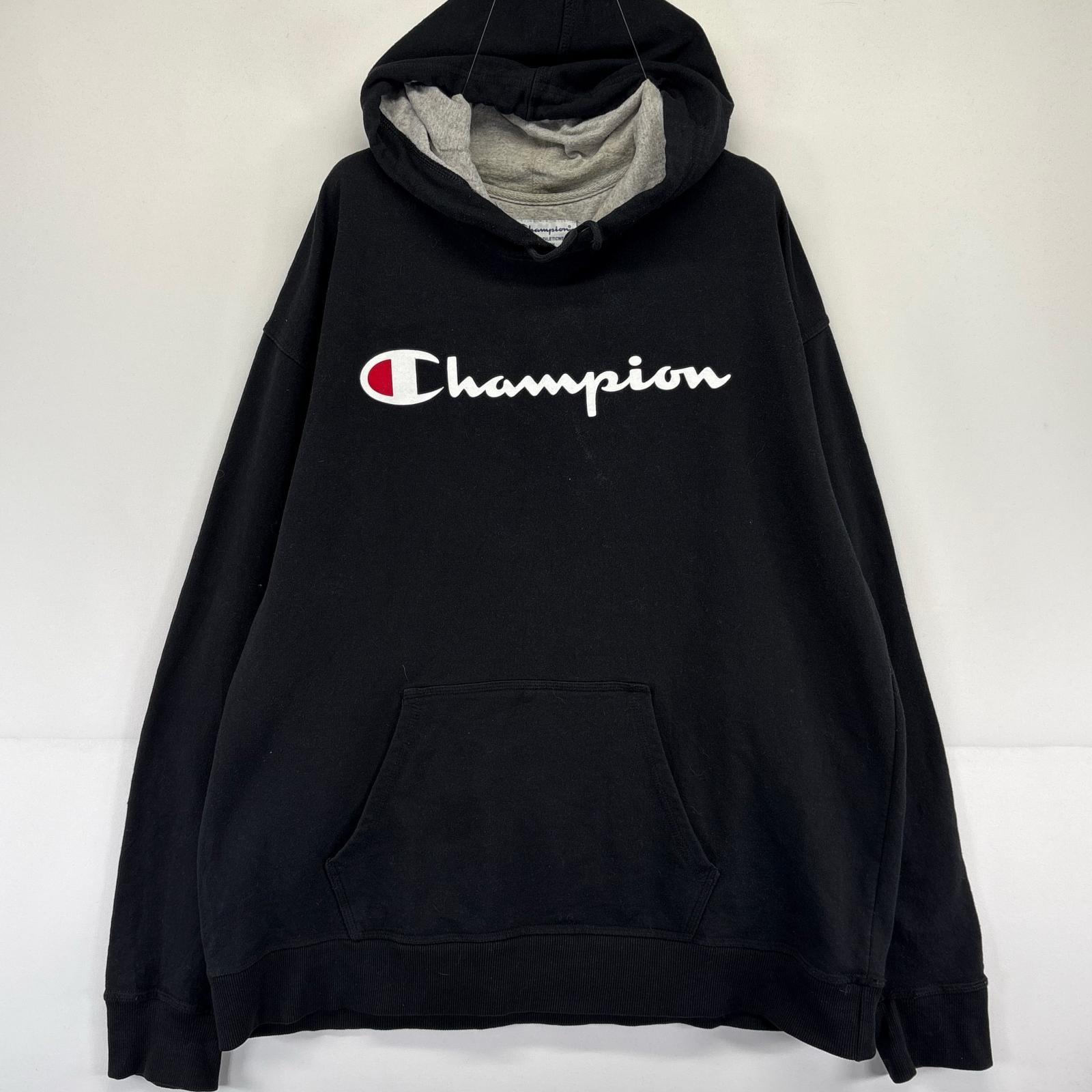 古着 チャンピオン Champion パーカー ロゴ プリント スウェット プルオーバー  ビッグロゴ 2XL  ブラック系 メンズ