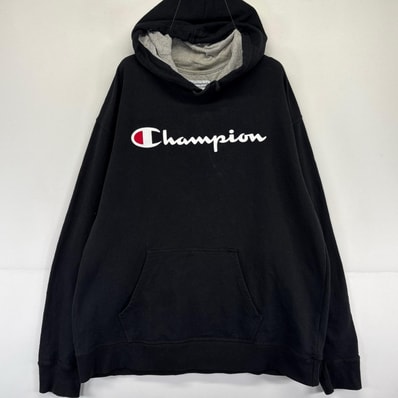 古着 チャンピオン Champion パーカー ロゴ プリント スウェット プルオーバー ビッグロゴ 2XL ブラック系 メンズ