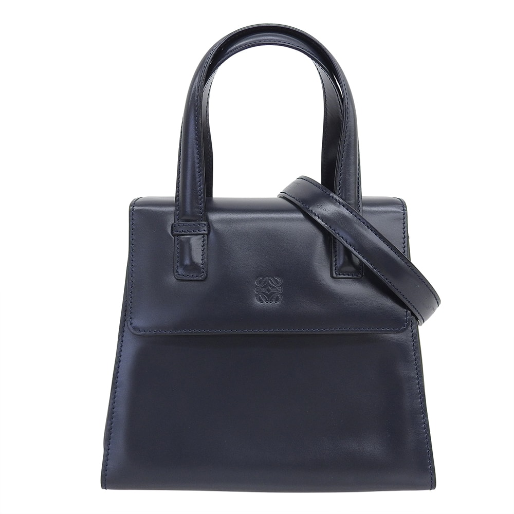 ロエベ 美品 アナグラム フラップ レザー 2WAYバッグ ハンドバッグ ショルダーバッグ レディース ネイビー