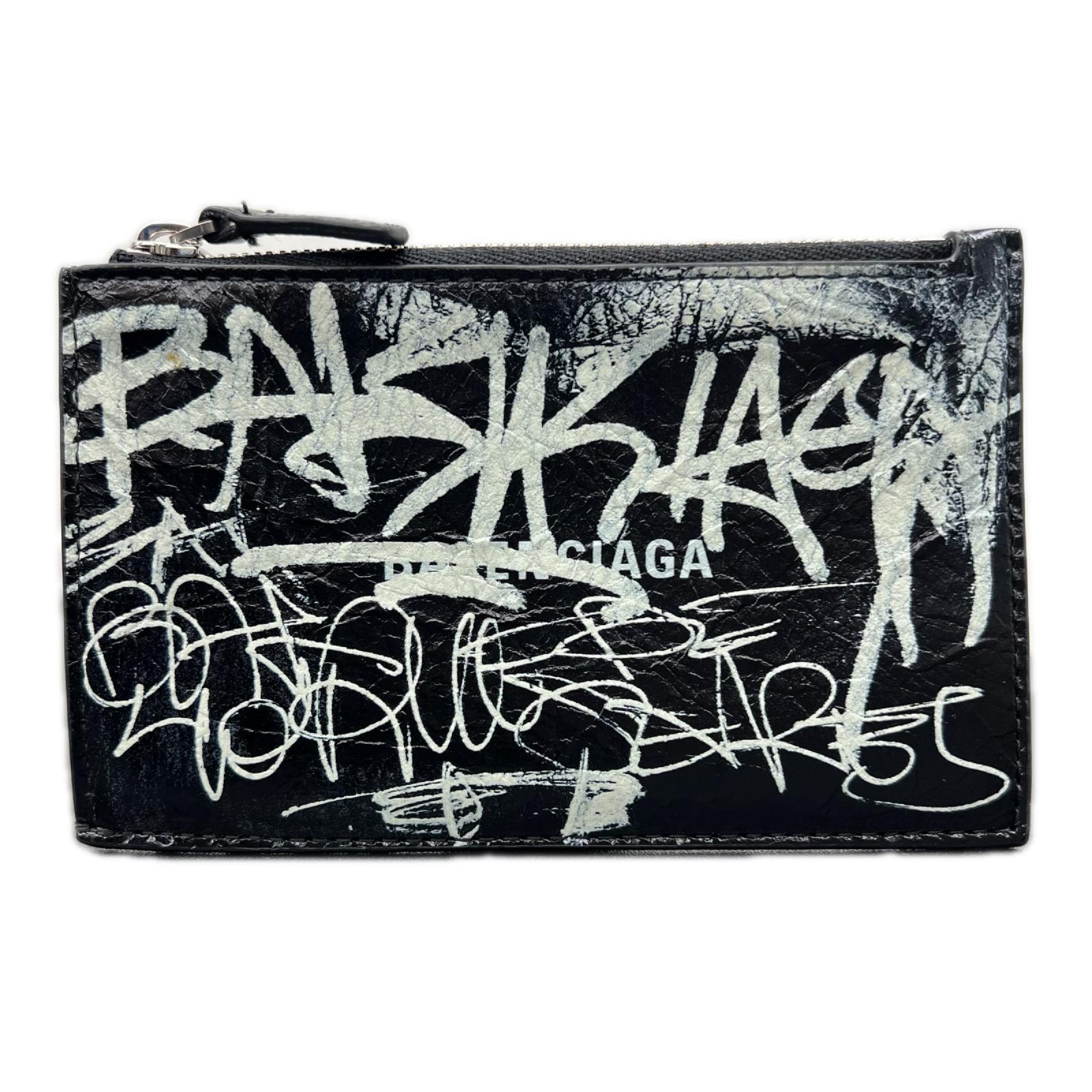 BALENCIAGA 希少 極美品 バレンシアガ グラフィティ フラグメントケース 640535 レザー ブラック カードケース コインケース マルチケース 財布 Y2K Aランク 中古 鑑定済 バレンシアガ財布