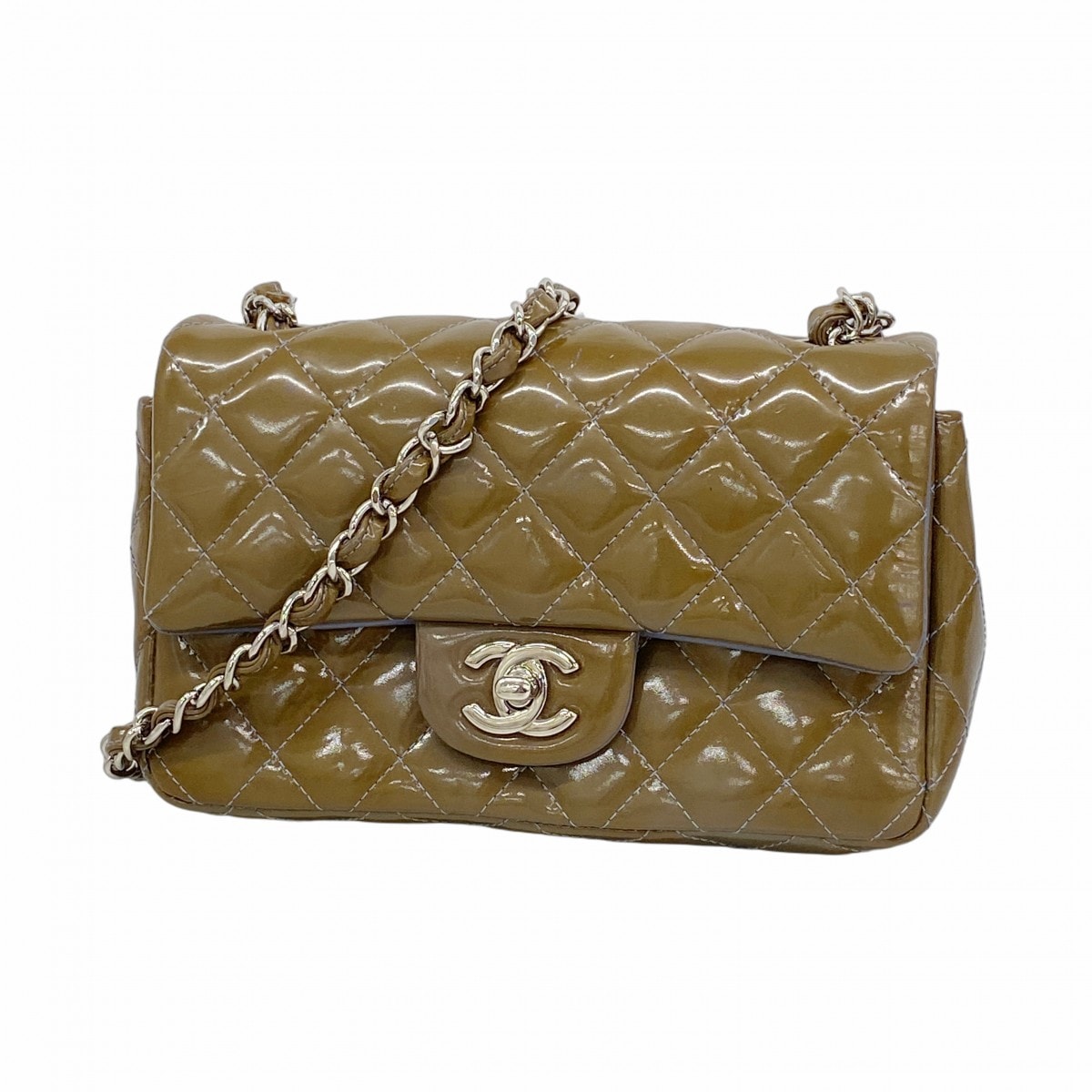 【6eb0704-k】シャネル ショルダーバッグ ミニマトラッセ チェーンショルダー パテントレザー カーキ シルバー金具【中古】レディース