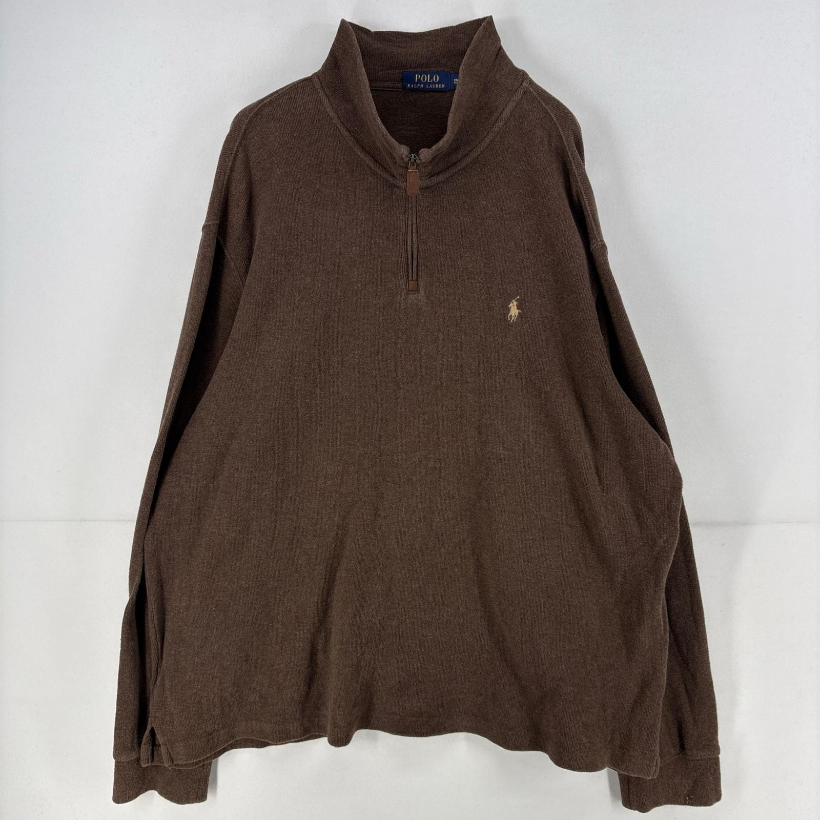 古着 ポロ・ラルフローレン POLO RALPH LAUREN スウェット ハーフジップ ワンポイント 刺繍 トレーナー ニット 2XL  ブラウン メンズ