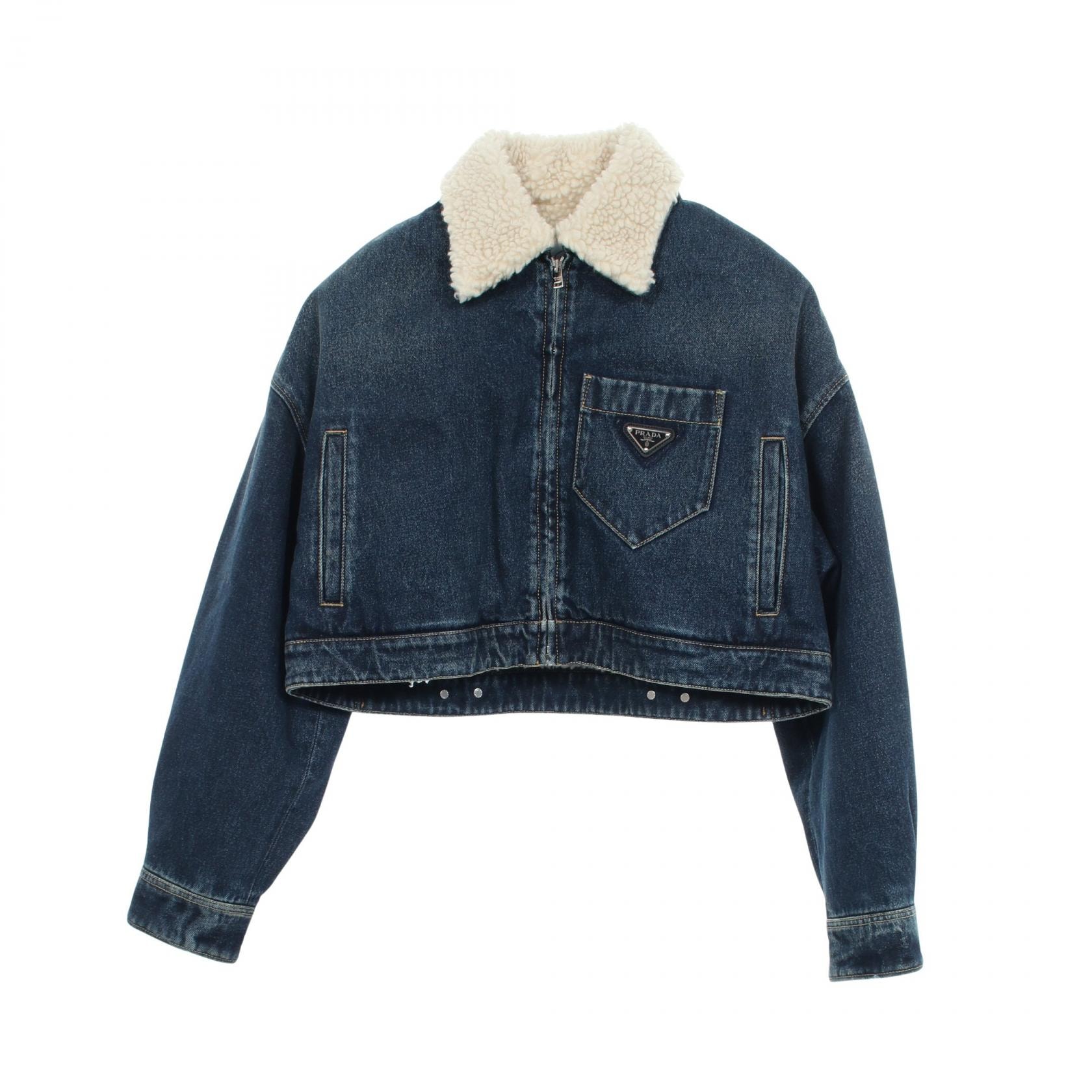 プラダ PRADA 三角プレート ダメージ加工 クロップド 中綿 デニムジャケット 衣料品 アウター コットン ウール レディース ネイビー系 / アイボリー系 GFB289 【中古】