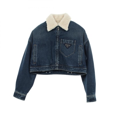 プラダ PRADA 三角プレート ダメージ加工 クロップド 中綿 デニムジャケット 衣料品 アウター コットン ウール レディース ネイビー系 / アイボリー系 GFB289 【中古】