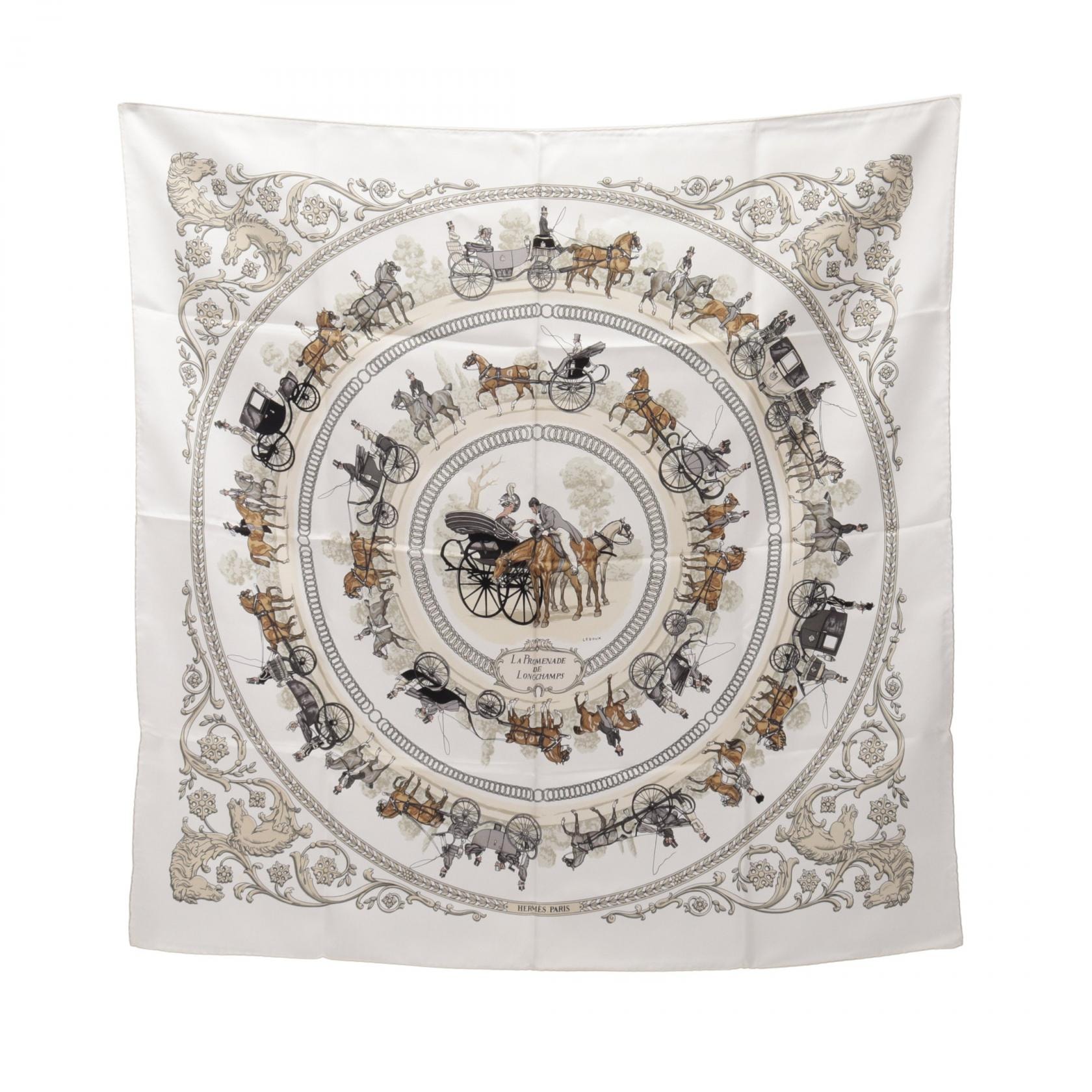 エルメス HERMES カレ90 LA PROMENADE DE LONGCHAMPS スカーフ 衣料品 シルク シルク レディース ホワイト系 / ブラック系 【中古】