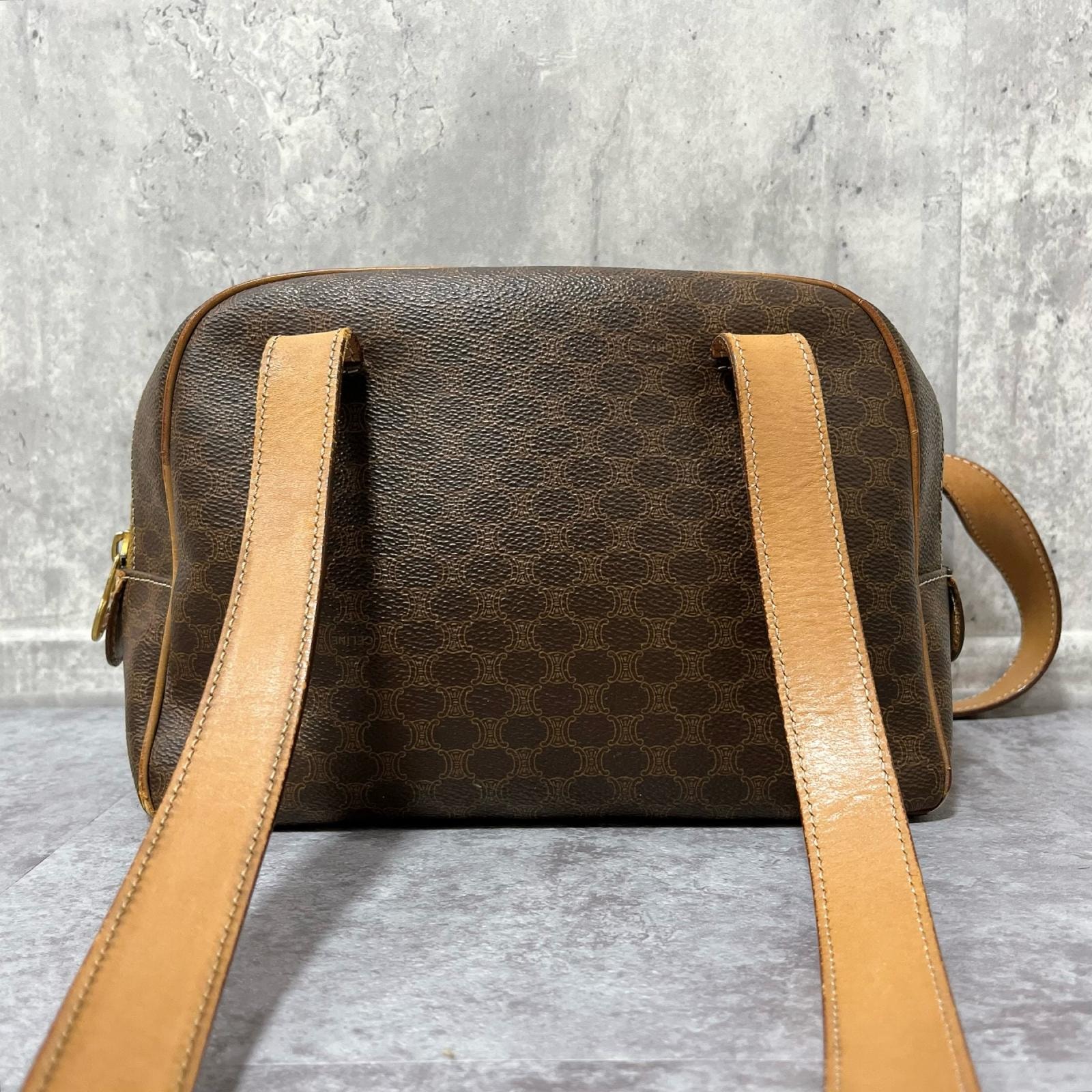 【CELINE】セリーヌ マカダム ショルダーバッグ PVC レザー ブラウン 茶 ゴールド金具 モノグラム ダブルハンドル ロゴ 肩掛け レディース