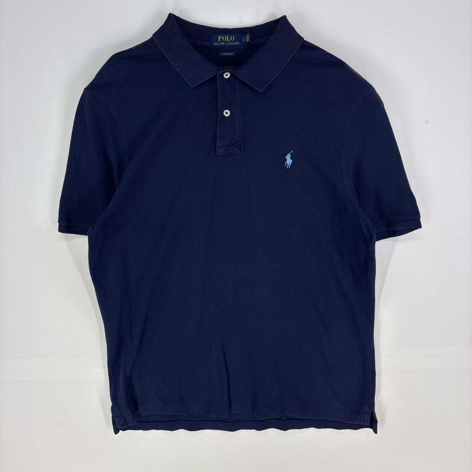 古着 ポロ・ラルフローレン POLO RALPH LAUREN 鹿の子 半袖シャツ ワンポイント 刺繍ロゴ ポロシャツ L ネイビー系 メンズ