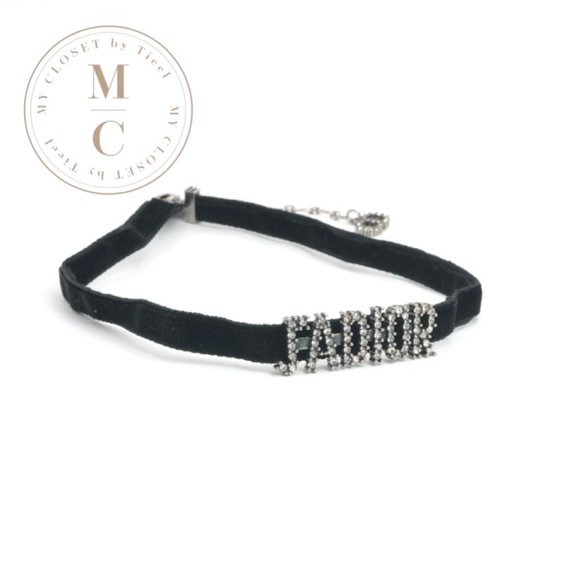 クリスチャンディオール CHRISTIAN DIOR JADIOR ネックレス ペンダント チョーカー ブラック シルバー ジャディオール ベルベット ラインストーン ロゴ