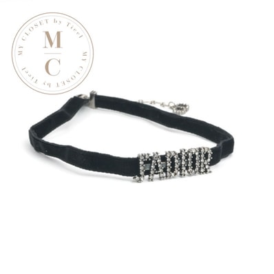 クリスチャンディオール CHRISTIAN DIOR JADIOR ネックレス ペンダント チョーカー ブラック シルバー ジャディオール ベルベット ラインストーン ロゴ