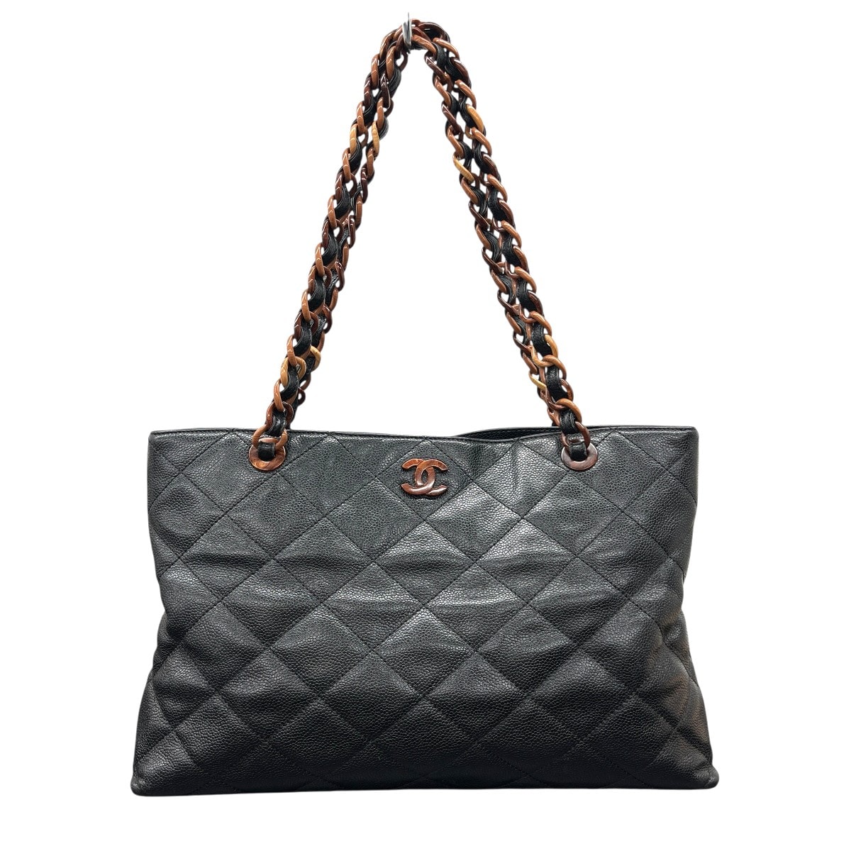 CHANEL 美品 シャネル ウッド チェーン トートバッグ ココマーク 6番台シリアル キャビアスキン レザー プラスチック ブラック ブラウン ショルダーバッグ ココマーク ヴィンテージ アンティーク レディース ABランク 鑑定済 中古 シャネルバッグ