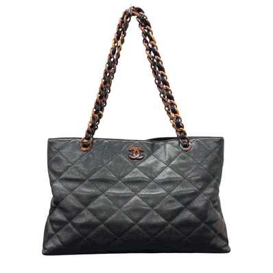 CHANEL 美品 シャネル ウッド チェーン トートバッグ ココマーク 6番台シリアル キャビアスキン レザー プラスチック ブラック ブラウン ショルダーバッグ ココマーク ヴィンテージ アンティーク レディース ABランク 鑑定済 中古 シャネルバッグ