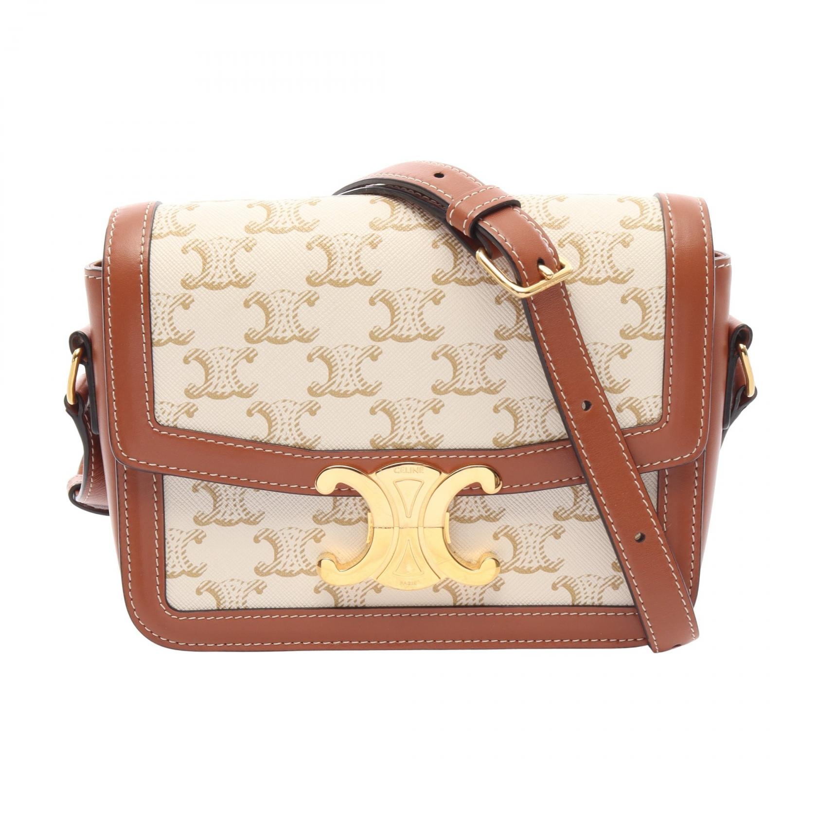 セリーヌ CELINE ティーン トリオンフ ショルダーバッグ バッグ PVCコーティングキャンバス レザー レディース ホワイト系 / ベージュ系 / ブラウン系 188882BZ4 【中古】