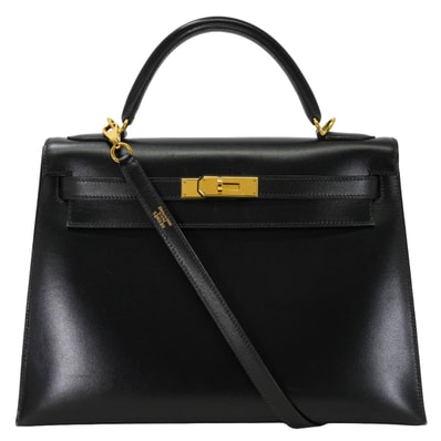 HERMES エルメス ショルダーバッグ ケリー32 外縫い 黒 (ブラック) ボックスカーフ ゴールド金具 □E刻印 SAランク【中古】