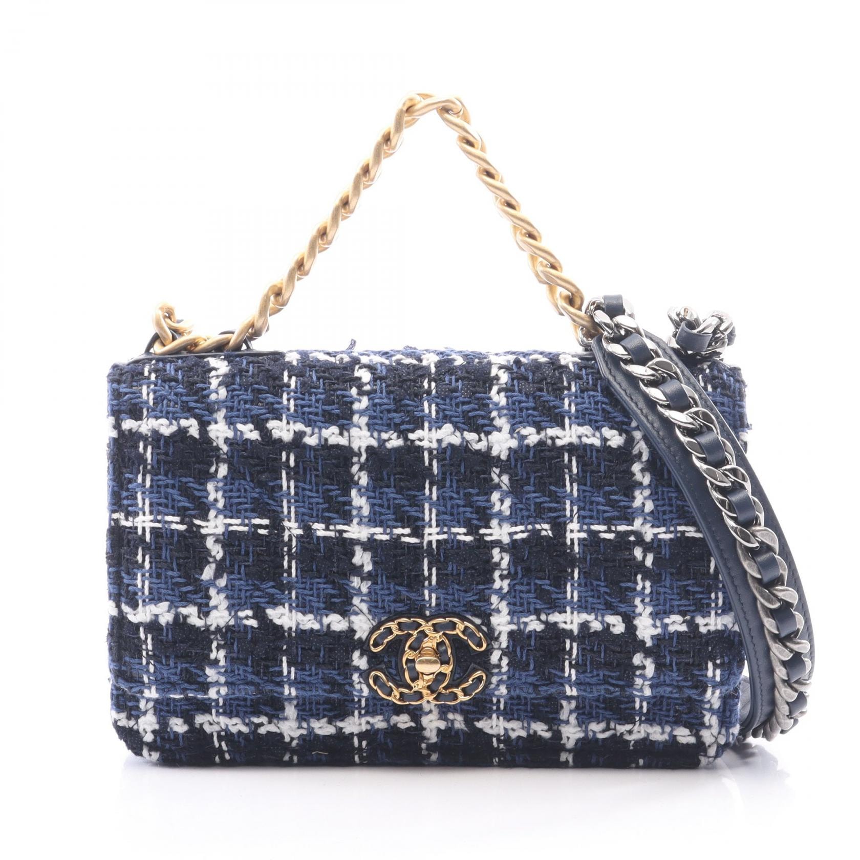 シャネル CHANEL CHANEL19 マトラッセ チェック コンビ金具 2WAY ショルダーバッグ バッグ ファブリック レディース ブルー系 / ホワイト系 / ブラック系 【中古】