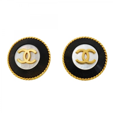 【6jcb0951-k】シャネル イヤリング ヴィンテージ ココマーク 丸型 サークル GPメッキ パール ゴールド ブラック【中古】レディース