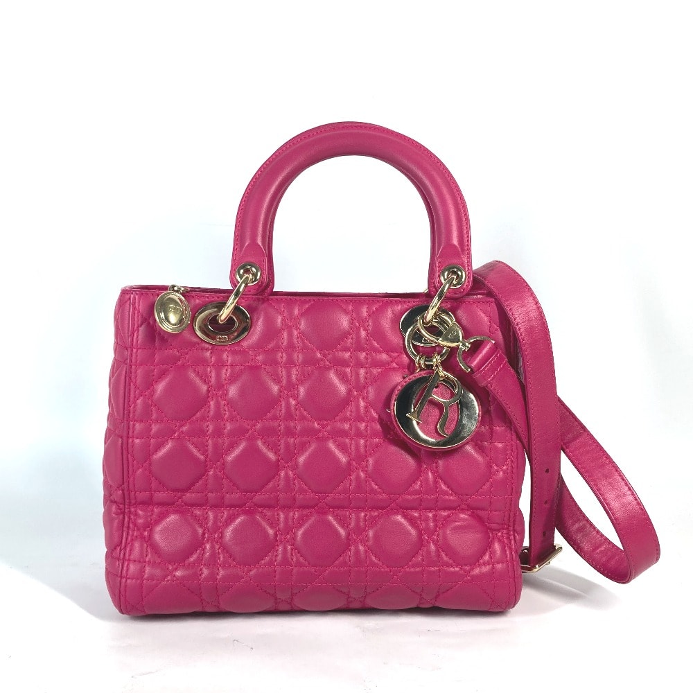 ディオール Dior レディディオール Ladydior 斜め掛け トートバッグ カバン ショルダーバッグ 2WAYバッグ ハンドバッグ ラムスキン ピンク 美品