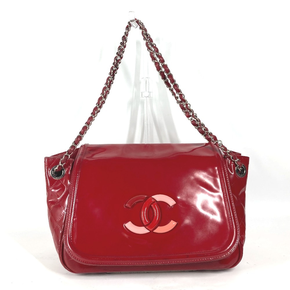 シャネル CHANEL リップスティック CC ココマーク Wチェーンバッグ 肩掛け 斜めかけ フラップ ショルダーバッグ エナメル レッド