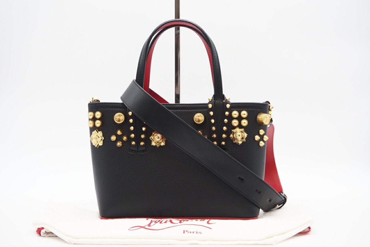 極美品 Christian Louboutin クリスチャンルブタン カバタ ミニ エンパイア スパイク クロンヌ トップハンドル バッグ 1225051 2wayショルダーバッグ ブラック レッド ゴールド カーフレザー レディース