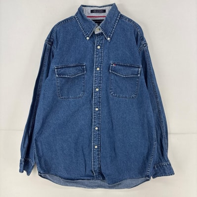 古着 トミーヒルフィガー TOMMY HILFIGER デニム 長袖シャツ 胸ポケット ボタンダウン ワンポイント M ブルー メンズ