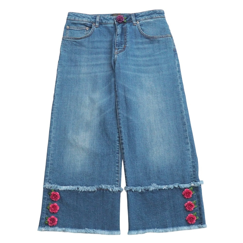 DOLCE&GABBANA ドルチェアンドガッバーナ デニムパンツ サイズ40 ワイド クロップド 花装飾 フリンジ ブランド古着【中古】20260316/RA8415