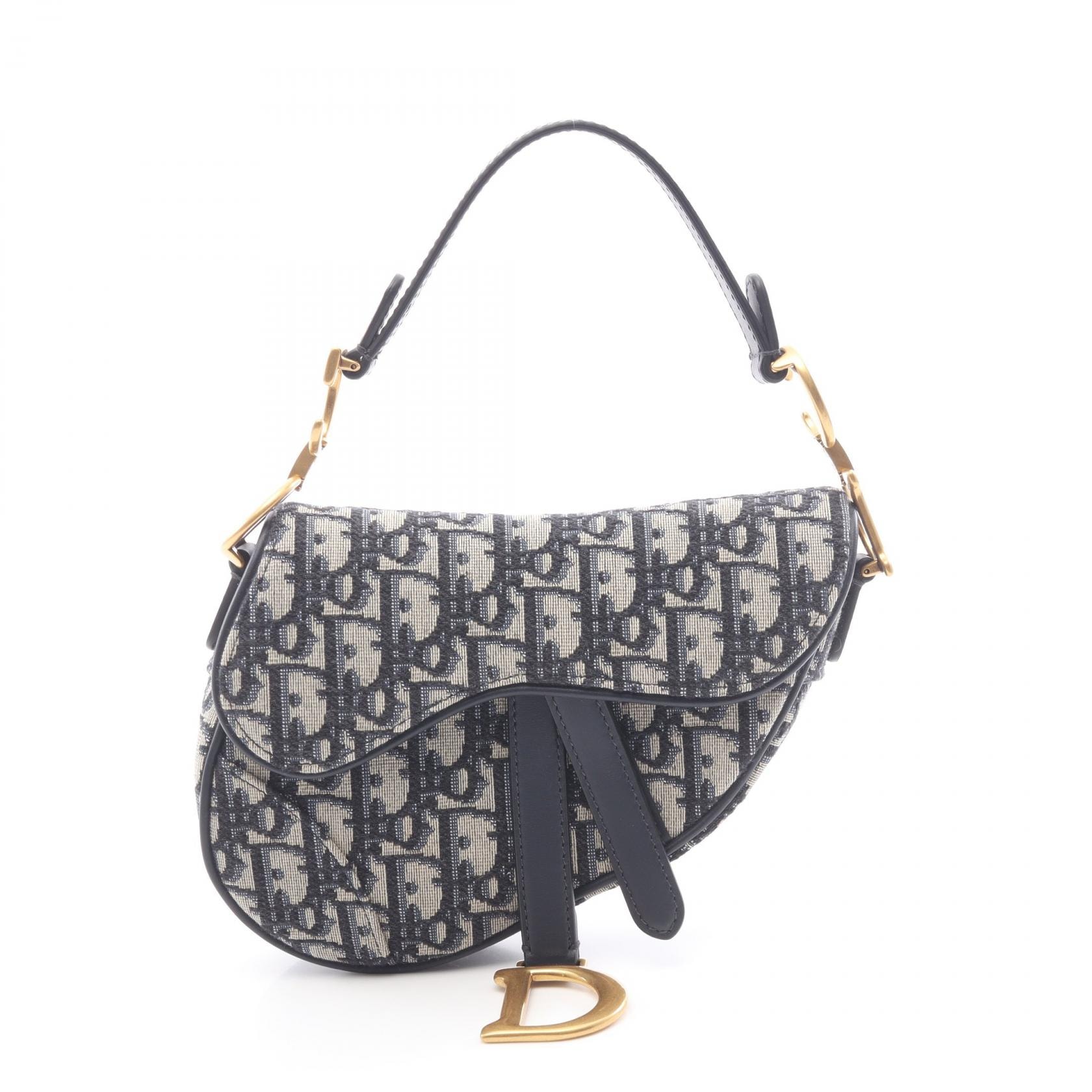 ディオール Dior サドルバッグ ミニ オブリークジャカード ハンドバッグ バッグ キャンバス レザー レディース アイボリー系 / ネイビー系 【中古】