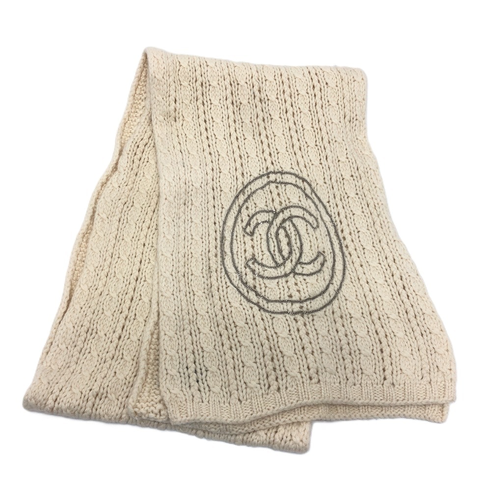 シャネル CHANEL チェーン ココマーク ニット ケーブルニット 防寒具 ファッション小物 マフラー カシミヤ ホワイト