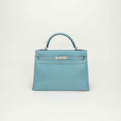 エルメス HERMES ケリー32 バッグ トートバッグ ショルダーバッグ ボックスカーフ ブルージーン Bluejean ブルー Blue 青 シルバー金具 ハンドバッグ 2Way 外縫い V字金具 新型金具