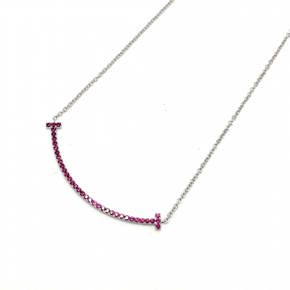TIFFANY&Co. ティファニー ネックレス Tスマイル スモール ペンダント ジュエリー アジャスター付き 18金WG 750 アクセサリー K18ホワイトゴールド ピンクサファイア シルバー ピンク レディース 約1.5g【中古品】